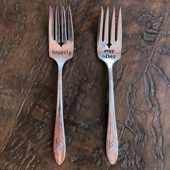 Hand-stamped silver plated forks & message “Happily”/“Ever After” when together - Picture 14 of 15